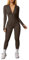 OQQ Damen Sport Jumpsuits Langarm Lässig Freizeit Reißverschluss Nahtlos Yoga Overalls für Frauen Dunkelbraun