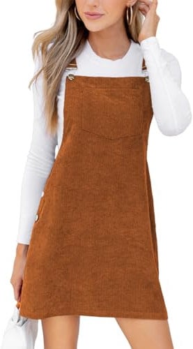 CUPSHE Damen Cord Latzkleid Ärmellos Herbst Quadratischer Ausschnitt Hosenträger Knöpfe Freizeitkleider mit Taschen Mini Dress Braun M