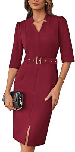 GRACE KARIN Ladies Business Formal Bodycon Dresses 3/4 Sleeves High Waist Work Dresses Wine Red M