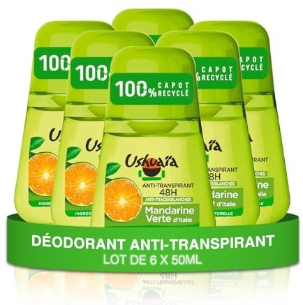 Ushuaïa Deo-Kugel, Anti-Transpirant, 48 Stunden, gegen weiße Flecken, Mandarine, italienische grüne Mandarine, 6 x 50 ml