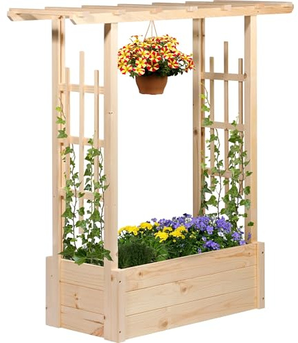 dobar® Pflanzkasten Pergola mit integrierter Rankhilfe | Hochbeet aus Fichtenholz | Großer Blumenkasten | 117 x 39 x 119 cm | Natur