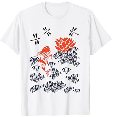 stampa artistica in stile giapponese koi pesce libellula onda Maglietta