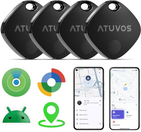 ATUVOS Dual System Air Tracker Tag PRO 4 Pack, Smart Key Finder | Works with Android Google Find Hub or iOS Apple Find My APP, Bluetooth Item Locator for Luggage, Suitcase, Bags
