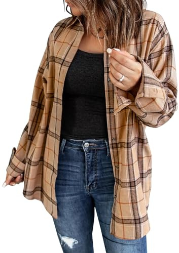 Fisoew Damen Langarm Karierte Blusen Flanell Button Down Jacken Casual Langarmshirts