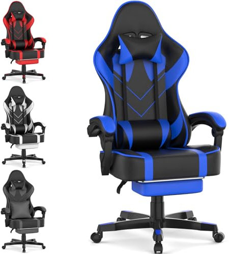Soontrans Silla Gaming con Reposapies, Silla Gamer Ergonomica, Sillas Gaming con Masajeador, Reposacabezas, Cuero sintético, 360° Giratorio, Altura Ajustable para Juegos(Negro y Azul)