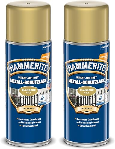 Hammerite Metallschutzlack Spray Glänzend, 3in1- Rostschutz, Gold, 400 ml (Packung mit 2)