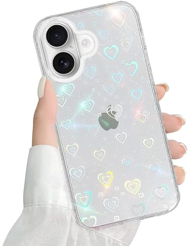 QUESPLE Kompatibel mit iPhone 17 Hülle Transparent Glitzer Herz Muster für Frauen Mädchen Mode Weiche Langlebige Schlanke TPU Handyhülle, Hart PC Rückseite Kratzfest