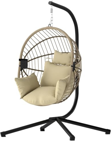 Outsunny Fauteuil Suspendu Fauteuil Œuf Suspendu Panier Pliable Kaki | Chaise Hamac Balançoire, Coussin Rembourré, Poche, Oreiller, Cocooning, Intérieur, Extérieur, Jardin