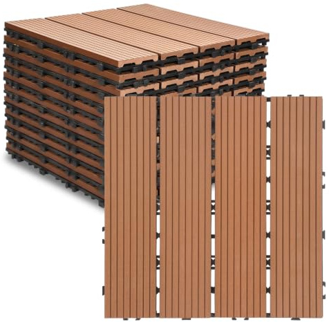 Jayseuw WPC Fliesen 30x30cm 3m² Braun Klicksystem | Witterungsbeständig; rutschfest; einfache Klick-Montage; für Terrasse, Balkon & Garten; Innen & Außen; pflegeleicht