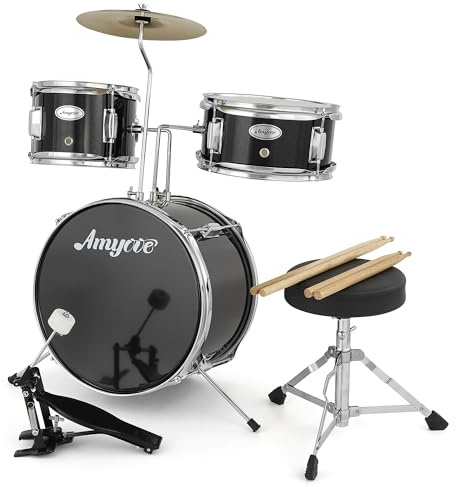 3-Teiliges Kinder Schlagzeug Set, Junior Drumset Aus Holz & Metall, Mit Hocker, Becken, Trommelstöcken & Fußpedal, Anfänger Drum Set Für Kinder Einsteiger