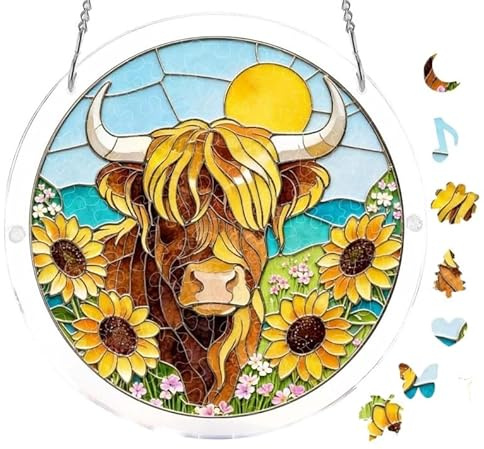 Acrylic Puzzle Suncatcher 83 Pieces, Highland Cow Acrylic Jigsaw Puzzle, Sun Catcher Puzzle Kit, Window Hanging Ornament, DIY Art Gift for Home Garden Indoor Decor