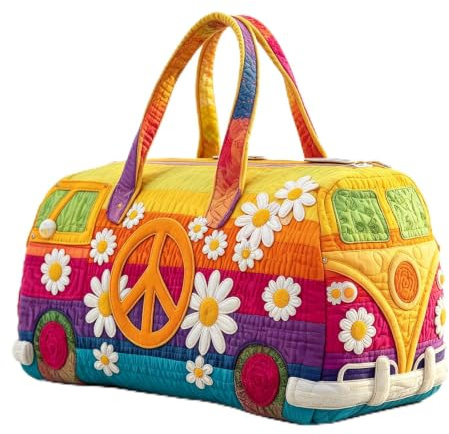 Hippie Bus Reisetasche Hippie Van Quilted Duffle Bag für Kurztrips, Boho Wochenendtasche mit Verstellbarem für Urlaub und Party