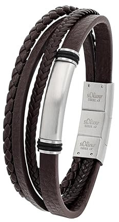 s.Oliver Armband für Herren, Gravierbar, Leder / Edelstahl, Braun, Länge: 20-21,5 cm