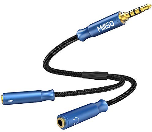 MillSO Y Splitter Kabel Audio Y Adapter Klinke 3.5mm Stecker auf 2X 3.5mm TRS Buchse (Audio und Mikrofon) Audio Y Adapter Klinke für PS4, Xbox One mit ergonomischem Design- 30cm, Meerblau
