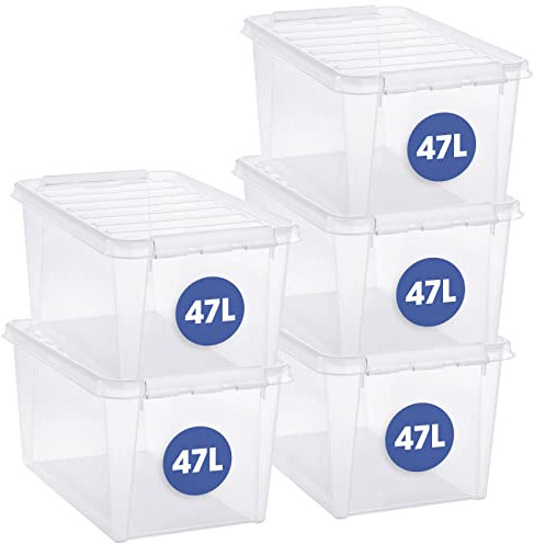SmartStore - 5x Aufbewahrungsbox mit Deckel Classic 46L (59x39x31cm) | Stapelbare Box mit Deckel | Lebensmittelechte Kunststoffbox | Plastikbox mit Deckel & verstärkten Ecken | 10 Jahre Garantie