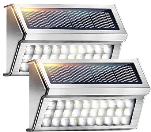 Onshida Lumière Solaire Extérieur 2 Pack 30 LED, Lampe Solaire Étanche Éclairage Solaire en Acier Inoxydable Lampe de Sécurité sans Fil Lampe Mural pour Jardin Cour Terrasse Escalier Parking Patio