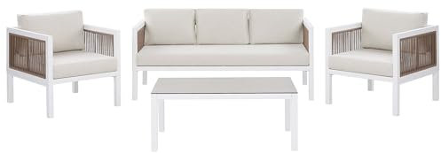 Garten Sofa Set weiß inkl. Kissen beige Sofa Sessel Tisch 5-Sitzer Borello