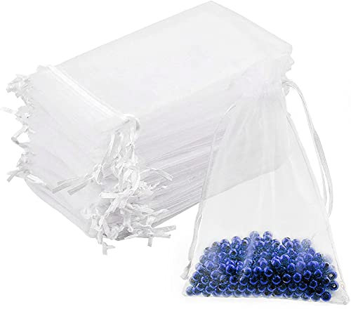 DoGeek 60 Small Organza Gift Bags Jewelry Pouches Sheer Drawstring Pouches, Mesh Candy Favour Bag for Wedding Party Festival Game (9 x 7CM, White)