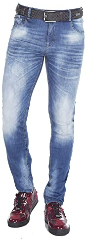 Cipo & Baxx Herren CD319B Jeans Hose Crinkle-Effekt Denim Slim Fit Schlicht Jeanshose Design Röhrenjeans - CD319B-BLUE-W32-L32