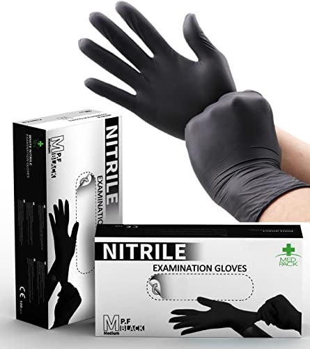 MED PACK Guantes de nitrilo, guantes desechables negros, sin látex, adherentes y elásticos, ideales para uso alimentario y esteticista, sin polvo ni talco (100, XL)