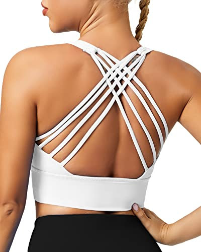 QUEENIEKE Sport BH Damen Ohne Bügel Gepolstert Mittlerer Stark Halt Yoga Bra Gekreuzt Rücken Bustier Sport Top Fitness Lauf Joggen Free to Be Bra Farbe Weiß B Größe XXL