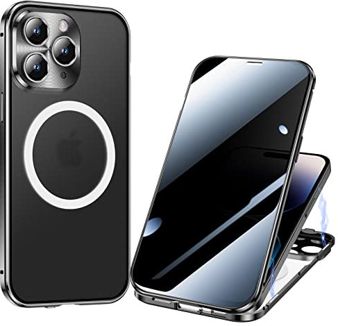 ksscaly Anti Peeping Case for iPhone 14 Pro Max, Compatible with MagSafe 360 Degree Full Protection Magnetic Absorption Metal Bumper Front Privacy Glass Back PC Matte Cover for 14 Pro Max (Black)