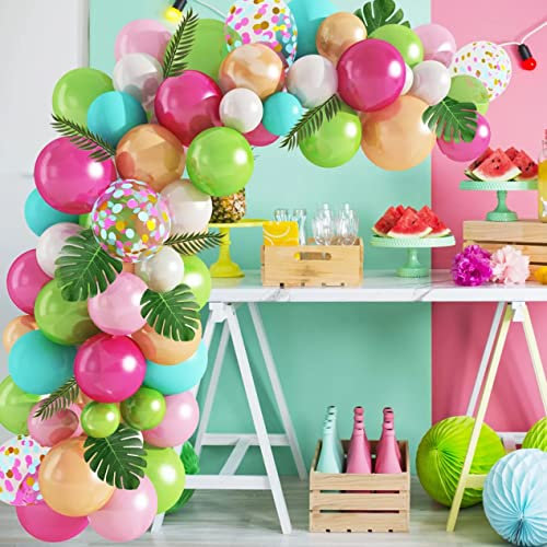 140 Stück tropische Luftballons, Girlande, Hawaiianisch, tropisch, Ballon, Girlande, Party, Dekoration, Grün, Rosa, Konfetti, Latex, Luftballons, Flamingo, Palm, Blatt, Geburtstag, Party, Sommer,