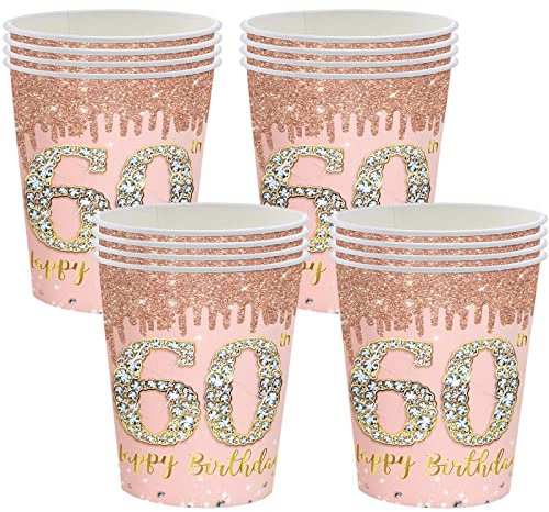 16 PCS Gobelets Jetables Anniversaire,Gobelets Carton Jetables Decoration Anniversaire 60 Ans,Kit Vaisselle Jetable Anniversaire Homme/Femme,Joyeux Anniversaire Decoration Anniversaire Rose et Or