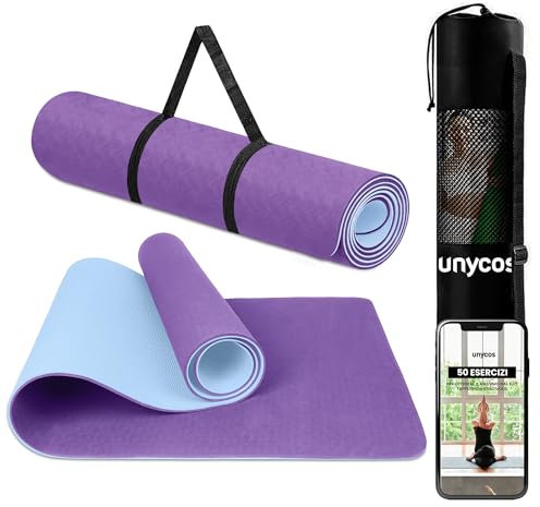 unycos - Tappetino per Yoga, Pilates e Altri Sport - Tappetino Antiscivolo TPE con Borsa e Tracolla | Palestra Casalinga - Ecologico - Atossico - 183 x 61 cm (Viola)