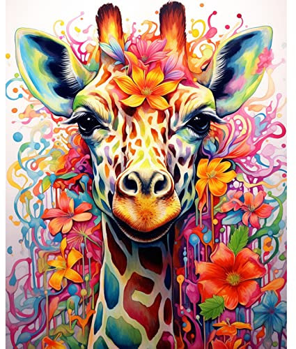Malen nach Zahlen für Erwachsene, bunte Giraffen-Tier-Ölgemälde-Sets auf Leinwand, einfach zu malen, Kunstwerk mit Pinseln Acryl-Pigment Graffiti digitales Gemälde für Zuhause Wanddekoration(gerahmt)