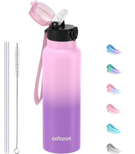 GOPPUS 750ml/26oz Stainless Water Bottle with Straw Double Wall Insulated Bottles with Strap Reusable Vacuum Thermal Flask Leakproof Keep Cold Drinks Bottles with Flip Top Lid BPA Free (Pink Purple)