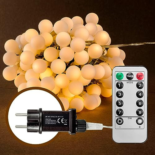 X4-LIFE 120 LED Kugeln Lichterkette mit Timer 3.6W, Warm-Weiß, 17 m, 8 Lichtmodi, Fernbedienung, Dekoration für Innen & Außen (Warm-Weiß)