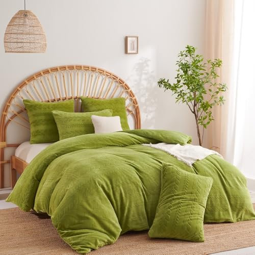 Nyescasa Winter Plüsch Bettwäsche 135x200 4Teilig Coral Fleece Flanell Grün Wendebettwäsche Flauschige Teddy Cashmere Touch 2 Bettbezug mit Reißverschluss und 2 Kissenbezug 80x80cm Warme Deckenbezug