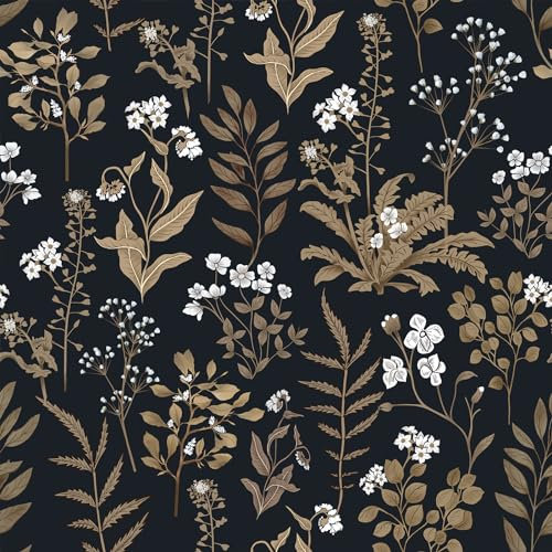 Hode Sticky Back Plastic Patterned Black Floral Wallpaper 44cmx3m, Peel and Stick Self Adhesive Wallpaper Contact Paper Waterproof, Vinyl Wrap for Wall Furniture Bedroom Living Room Table