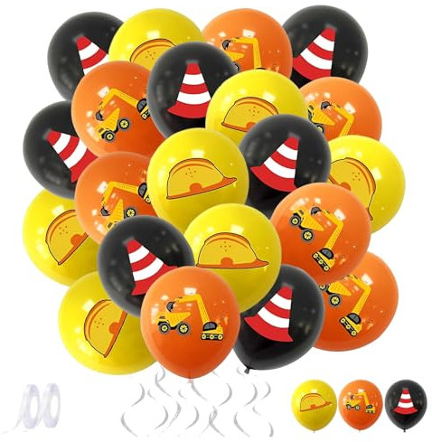 24 Stück Baufahrzeug Luftballons mit 2 Ballonband, 12 Zoll Bagger Latex Ballon, Baustelle Geburtstag Party Luftballons, Bagger Truck Schutzhelme Barrikade Druck Ballons für Kinder Party Dekoration