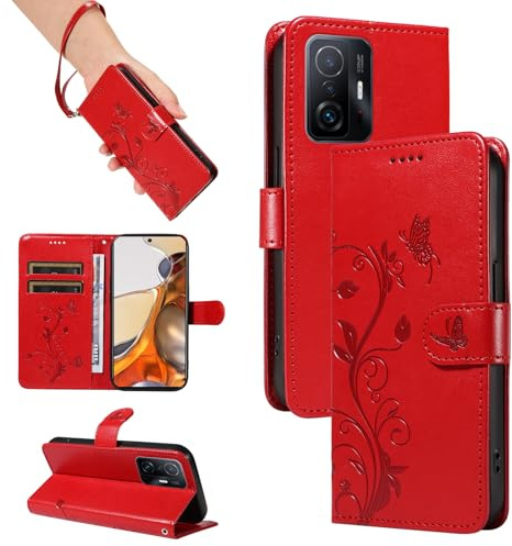 SRISHP Hülle für Xiaomi 11T Pro / 11T Handyhülle, Rot | Premium PU Leder, Handyhülle Mit Band, Magnet Flip Case, Kartenfächer, Ständer Klappbar Tasche, Standfunktion Schutzhülle