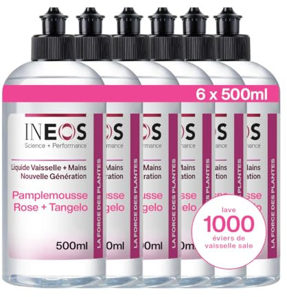 INEOS Liquide Vaisselle et Mains, 2 en 1, Nettoyage Imbattable, Efficace Contre La Graisse Et Le Calcaire, Doux Pour Les Mains, Parfum Pamplemousse Rose et Tangelo, Pack de 6 X 500ML