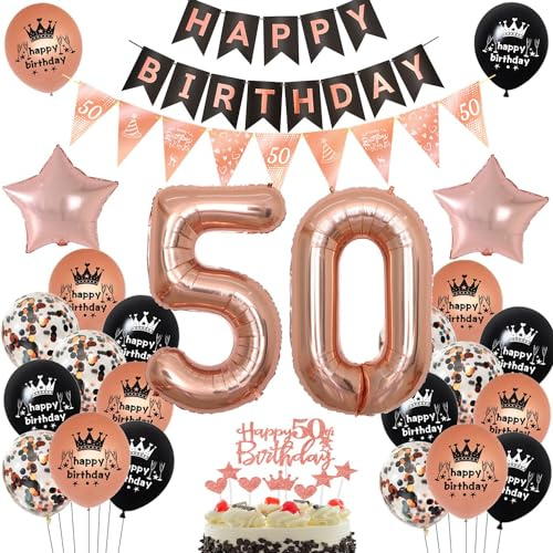 Decorazione 50 Anni Palloncini Oro Rosa e Nero - Festa di Compleanno per Donna