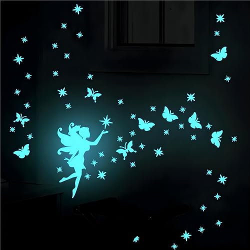 Leuchtsterne Wandtattoo Kinderzimmer, Mädchen Leuchtsticker Schmetterlinge Fee, Aufkleber Fluoreszierend Wandsticker für Kinder Babyzimmer Schlafzimmer Spiegel Dekoration（blau）