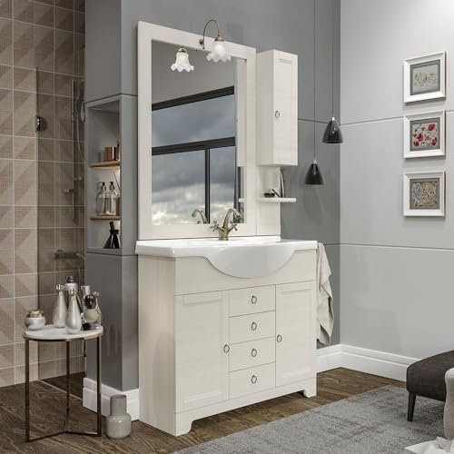Inbagno Mobile bagno a terra 105 cm bianco decape con 2 ante e 3 cassetti, lavabo in ceramica lucida, specchio 80x105 con cornice, pensile a lato DX e lampada, ROMANTICA