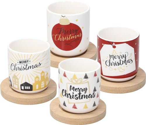Avilia Set 4 Tazze con Piattino in Legno e Decorazione Natalizia - Tazzine da Tè Natalizie con Sottobicchiere, in Porcellana e Legno, 200cc