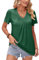 Rayson Camiseta Mujer Cuello en V Verano Camiseta de Poliéster Manga Corta Color sólido Casual Plisado Blusa Verano Básico Tops S-XL(Verde,M)