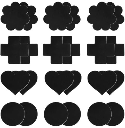 Clyhon 12 Paar Nipple Cover, Nippelpads Sexy Schwarz Nipple Cover Kreuzform Blütenform Rund Herzform, Valentinstag Einweg-Brust-Aufkleber Abziehbild Nippel