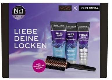 John Frieda x Varis Frizz Ease Traumlocken Vorteils-Set - Inhalt: Shampoo, 250 ml/Conditioner, 250 ml/Definierende Locken-Creme, 150 ml/Varis Boar Brush Haarbürste - Von Stylisten inspiriert
