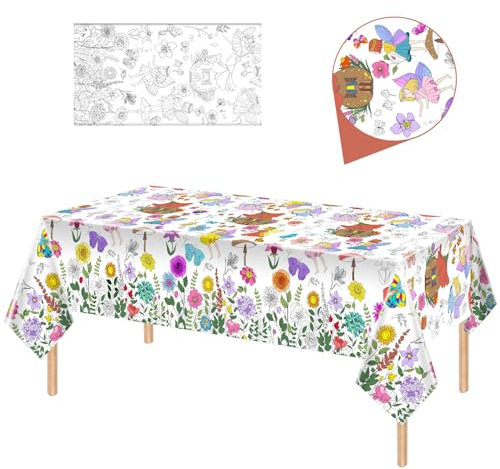 Papier Tischdecke zum Ausmalen,137x274cm Ausmaltischdecke zum Kinder Beschäftigung,Rechteck Wasserdicht Rätsel Tischdecke,Blume Schmetterling Thema Partydekorationen beim Kindergeburtstag
