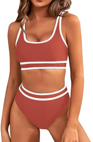 Yeenily Damen Badeanzug Zweiteiler Sport Bikini Set Sexy High Waist Bademode Triangel Bustier Push Up Strand Tankini Bauchweg Brazilian Swimsuit (Jujube Rot, L)