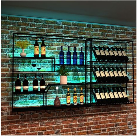 Porte Bouteille Mural Avec Lumière LED,Étagère A Vin Mural En Fer,Range Bouteille,Casier Bouteille De Vin Pour Rangement Cuisine,Porte Bouteilles Cave À Vin Decoration Murale Au Salon Chambre,Noir