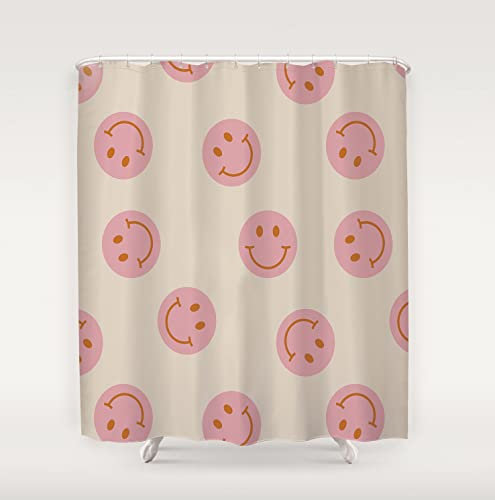 TANGG Duschvorhang mit 12 Haken,Polyester,rosa Smiley 150X180 cm Beschwerter Saum,Blickdicht,Wasserdicht,Waschbar,Schnell Trocknend