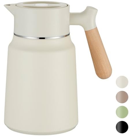 VETIN 1,5L Thermoskanne, Teekanne Thermo 304 Edelstahl Doppelwandige Vakuumisolierung, Isolierkanne mit Holzoptik Griff, Kaffeekanne Thermo 10h Hitze / 16h Kälte (Weiß + Beige)