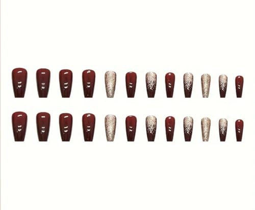 Generic Red & Gold Glitter Press on Nails / Formal Long Nails / Fake Nails - 24 Count (Pack of 1) with Gel Stickers AND Glue